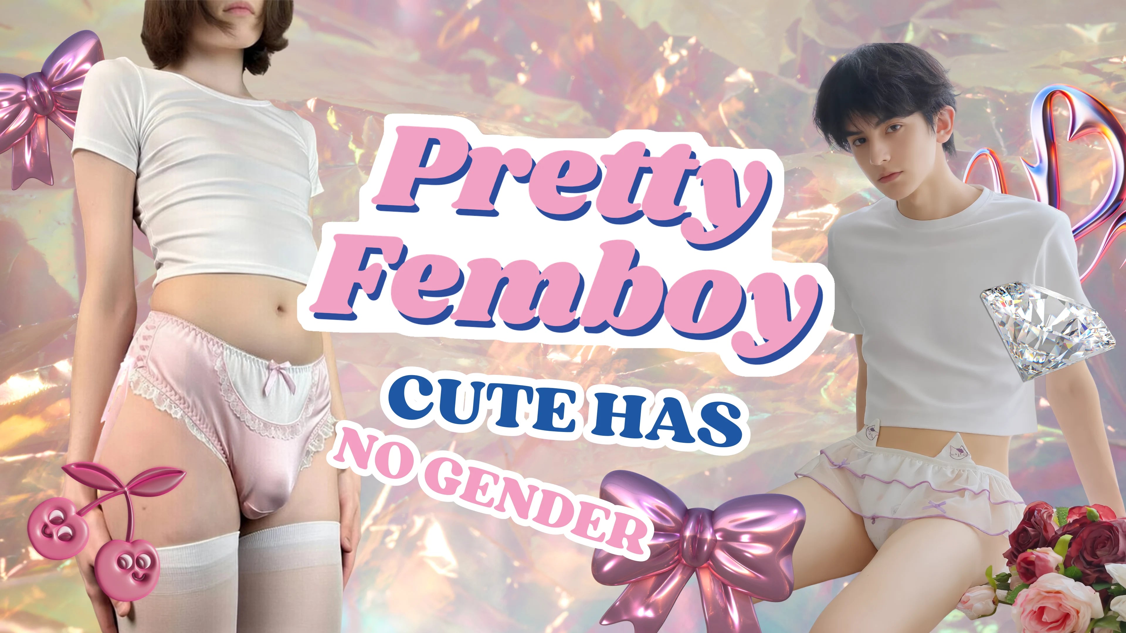 Pretty Femboy banner - femboy panties and cute underwear for men, models wearing pink satin lace panties and ruffle panties, Y2K style, cute has no gender