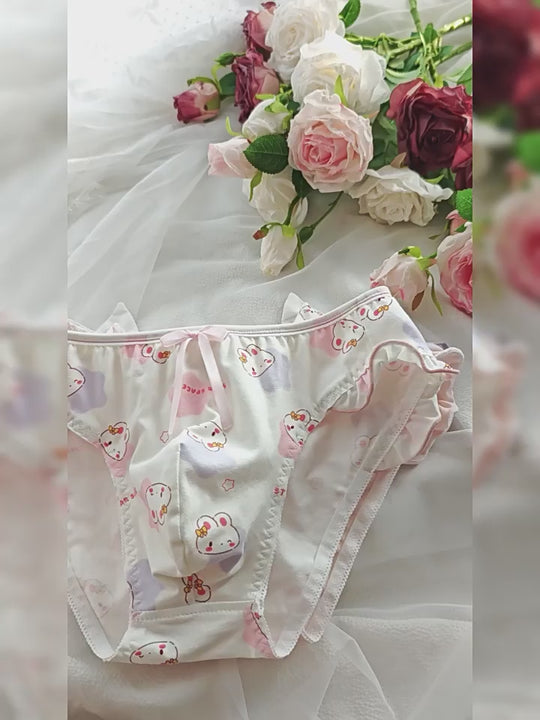 printed cotton femboy panties with 3D bunny ears at the back shown from several angles