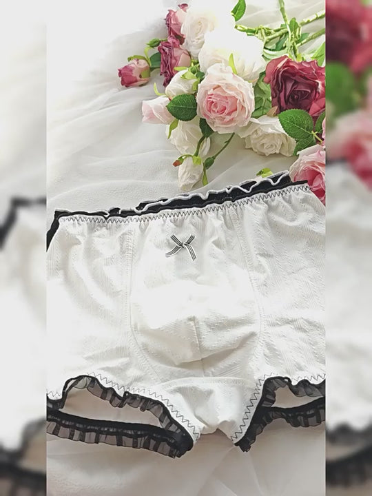 cotton femboy boyshorts with lettuce frill edges and satin ribbon ties shown from several angles