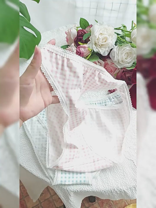 blue and pink gingham cotton femboy pouch panties video showing lace trim and pouch fit